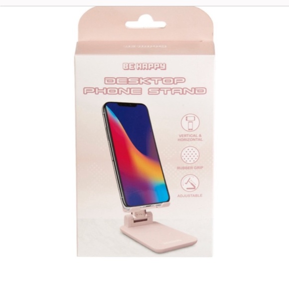 - NIB BE HAPPY ADJUSTABLE PHONE STAND 1.0in RUBBER GRIP PINK - Picture 1 of 4